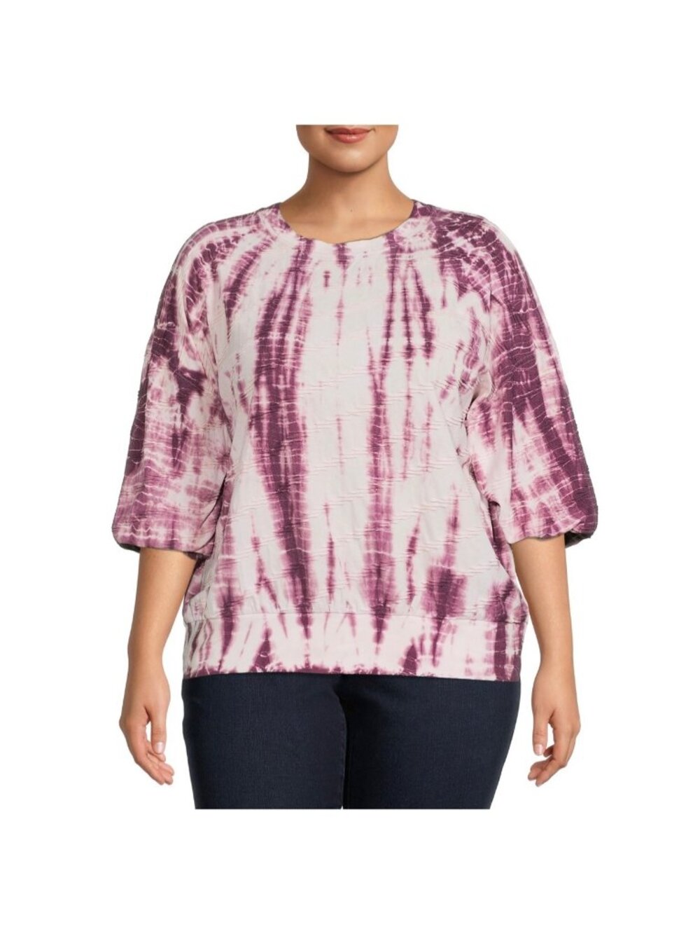 Terra & Sky Purple Oxford Tie Dye Plus Size Textured Balloon Sleeve Top 2X